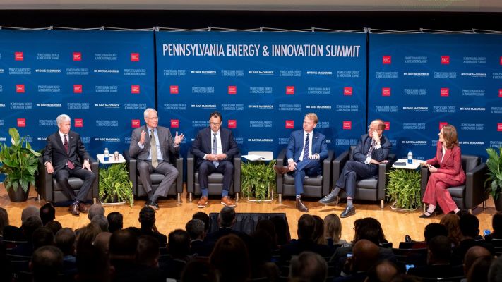 Panelists (from left to right) U.S. Secretary of Energy Chris Wright, ExxonMobil CEO Darren Woods, Anthropic CEO Dario Amodei, Bechtel CEO Brendan Bechtel, BlackRock CEO Larry Fink, and Google Chief Investment Officer Ruth Porat discuss powering the AI revolution.